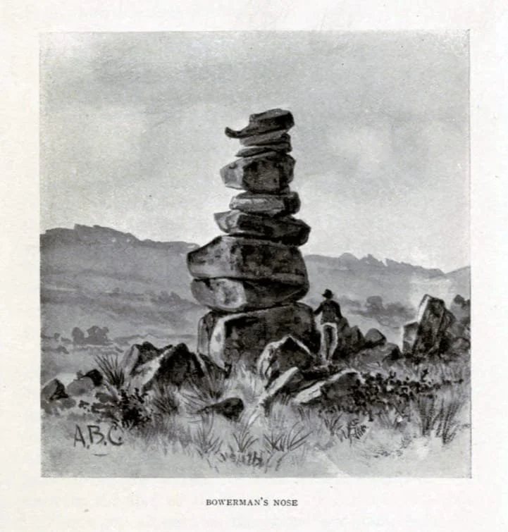 A drawing of Bowerman's Nose from "A Book of Dartmoor" by Rev Sabine Baring-Gould, 1900
