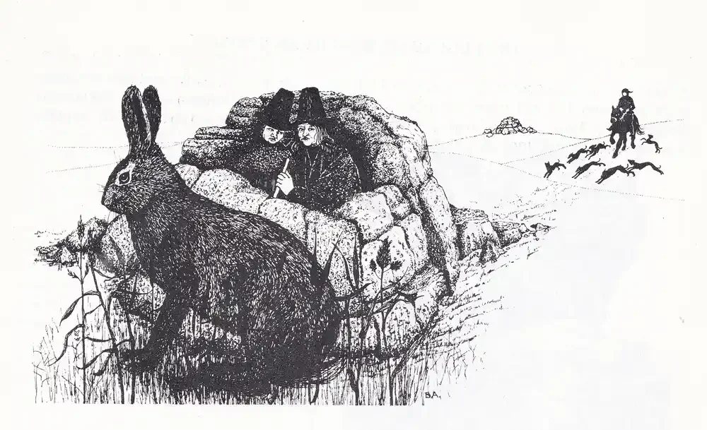“The Witches, The Hare and Bowerman and His Hounds” illustration by Brenda Adams