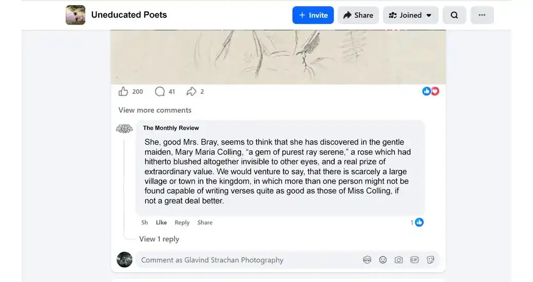 Meme comparing period reviews of Mary Maria Colling to modern online gossip