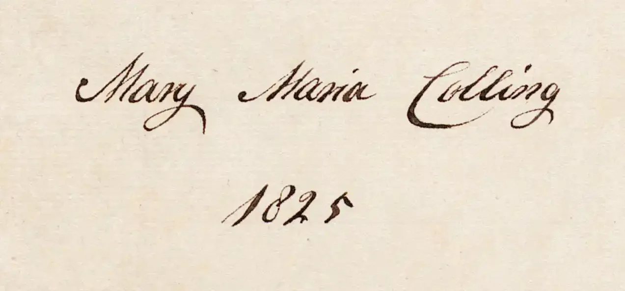 Mary Maria Colling's signature in her handwritten poetry book, West Sussex Record Office