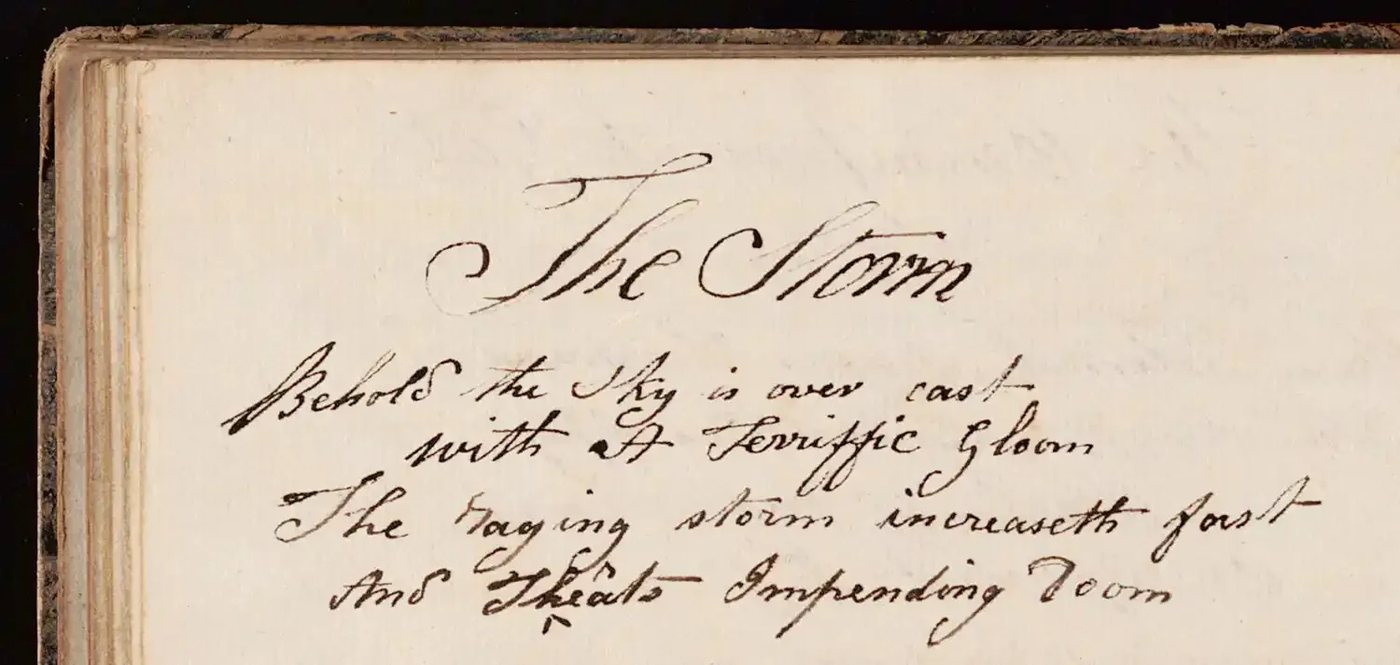 Handwritten manuscript page of Mary Maria Colling's poem The Storm, West Sussex Record Office
