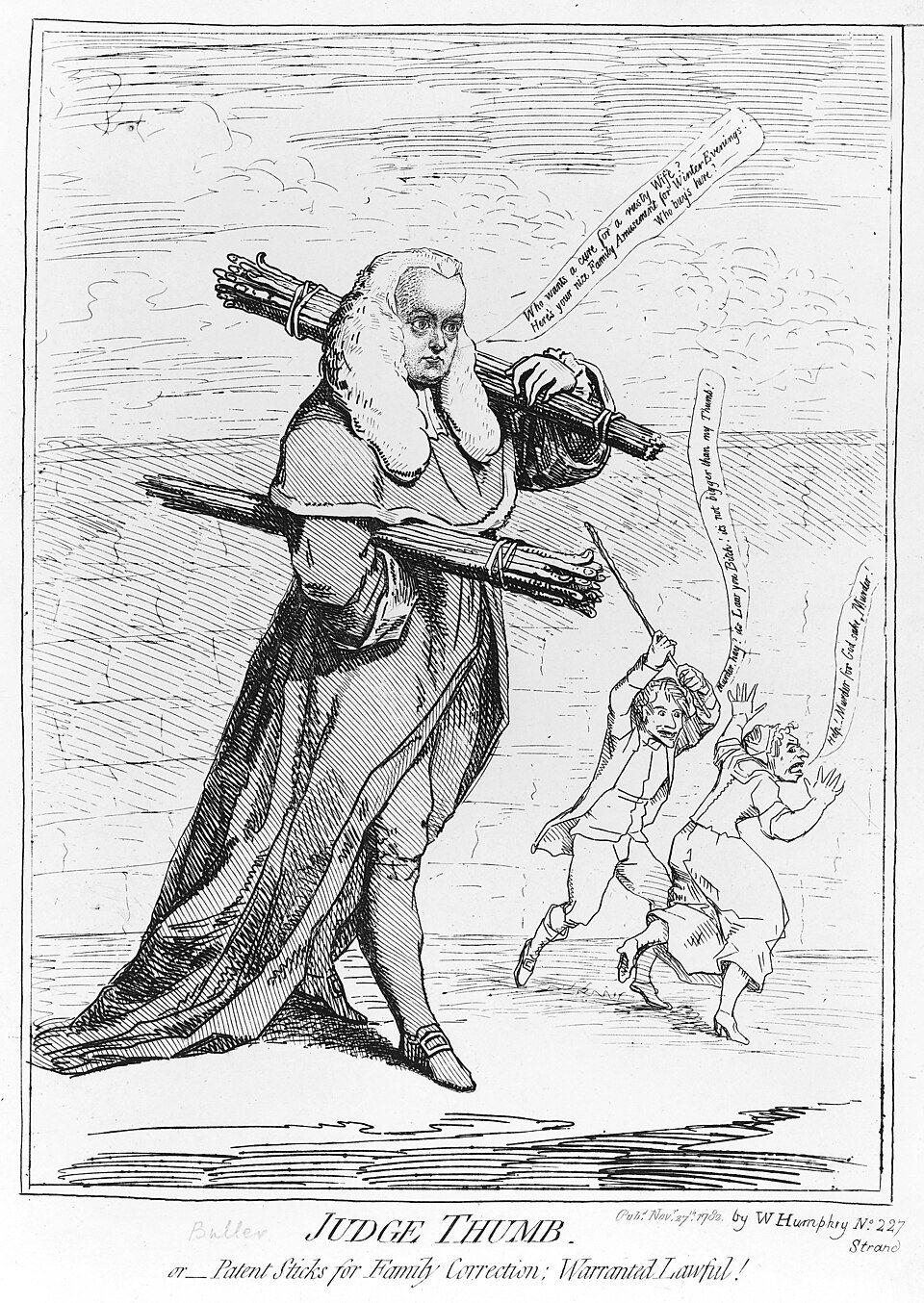 Etching of a judge in a gown carrying bundles of sticks, with two small figures behind him