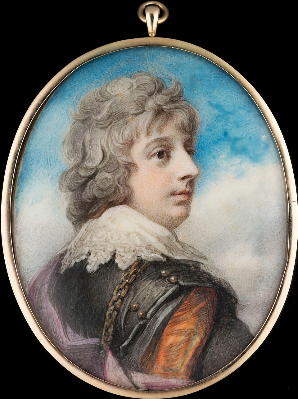 Oval miniature portrait of a young man with curled hair in a lace collar