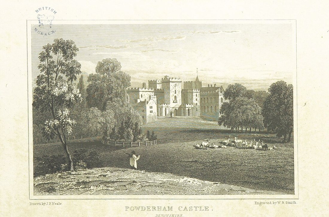 Engraving of a castle with towers set in parkland, with sheep in the foreground