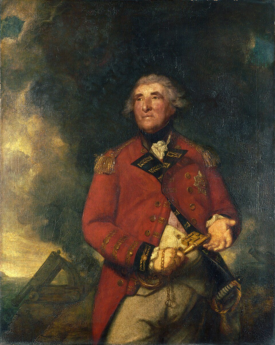 Portrait of a man in a red military coat holding a large key