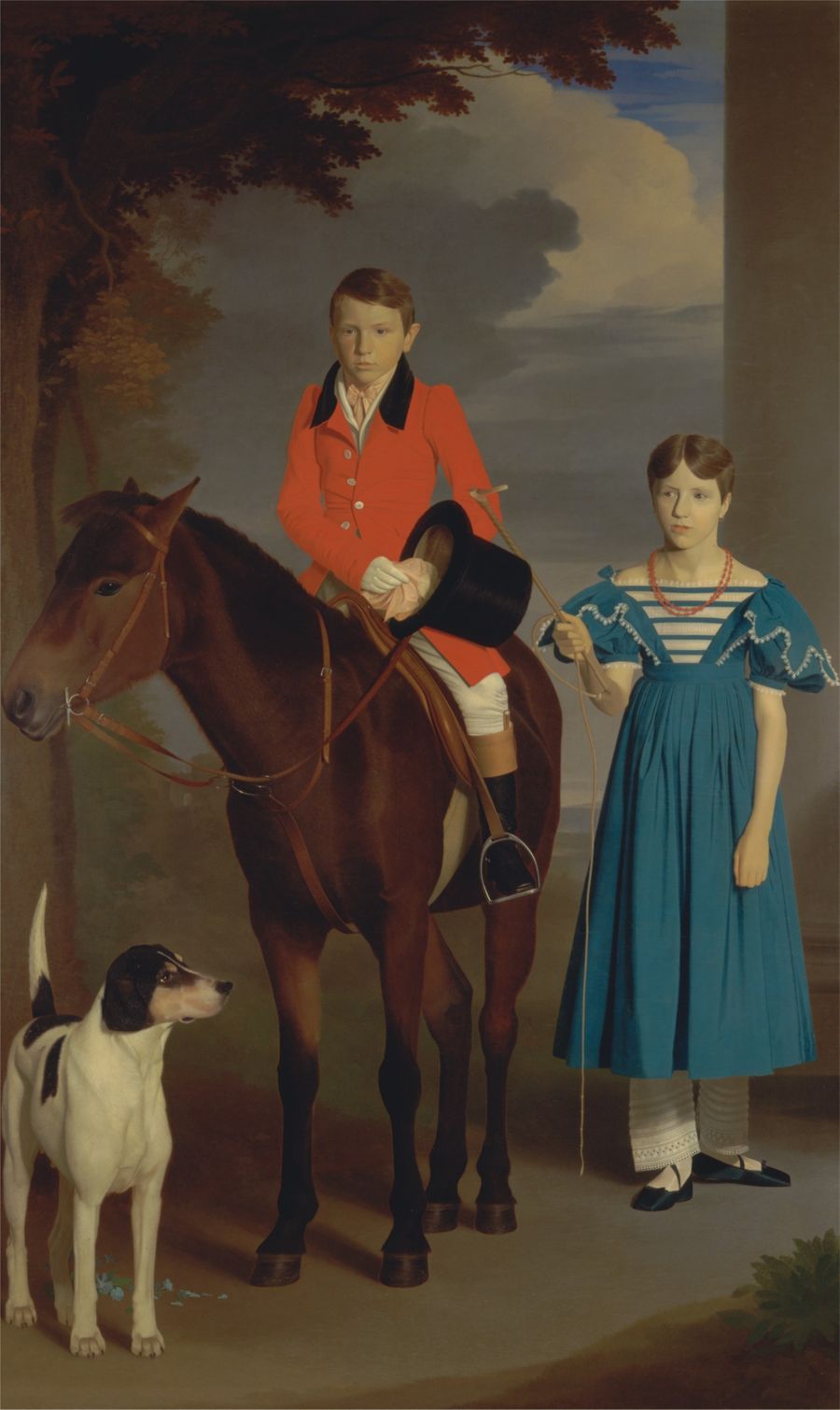 Oil portrait of a boy in a red coat on a pony, with his sister in a blue dress and a spotted dog
