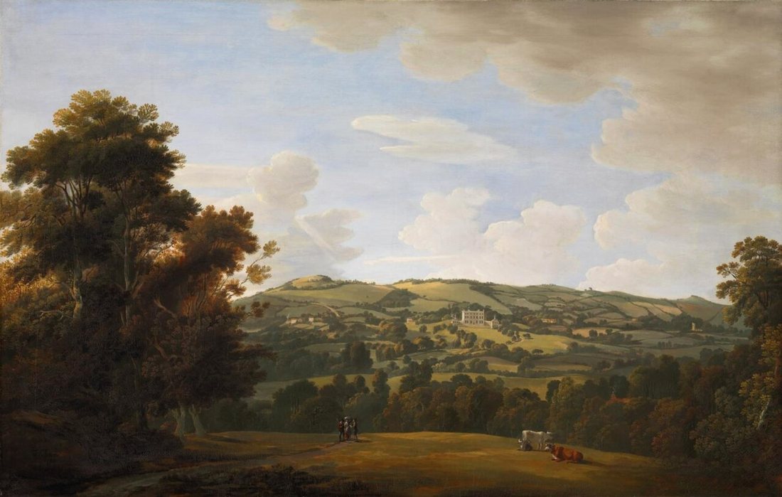 Painting of a wide landscape of fields and woods with a large house in the distance