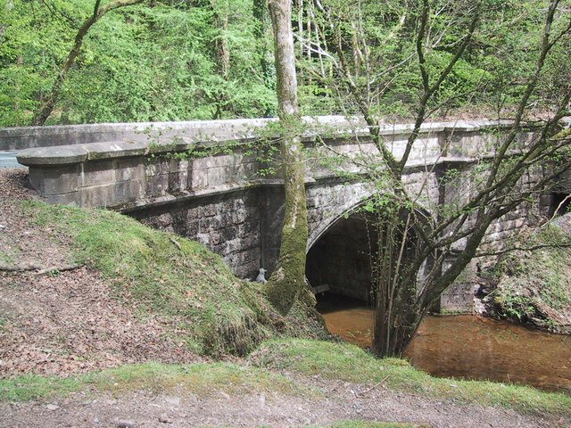 A single-arched granite bridge over a stream in woodland