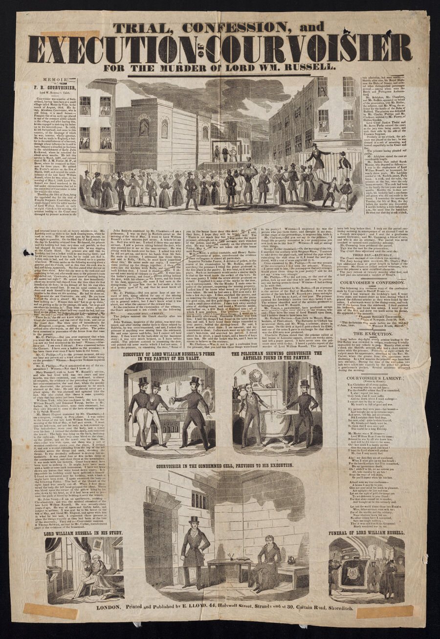 A printed broadside with columns of text and six small wood engravings