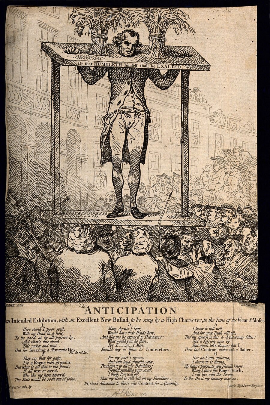 Etching of a man standing in a pillory above a crowd, with printed verses beneath
