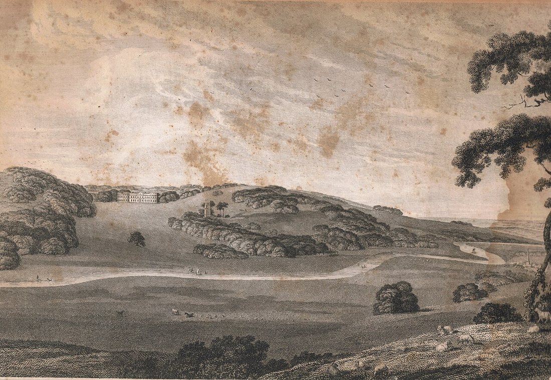 Engraved landscape view across fields to a house and church